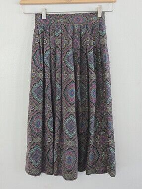 Vintage Katie Brooke Purple Paisley Medallion Pleated Skirt Sz 10 Maximalist